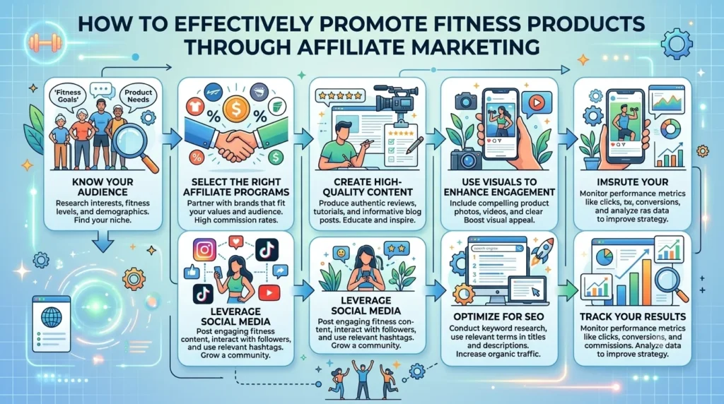 An infographic titled "How to Effectively Promote Fitness Products Through Affiliate Marketing.png" illustrates a nine-step process using connected icon panels and descriptions on a light blue background. Steps include knowing the audience, selecting right affiliate programs, creating high-quality content, using visuals, optimizing for SEO, and tracking results. Icons show diverse users, shaking hands, cameras, phones, and graphs.