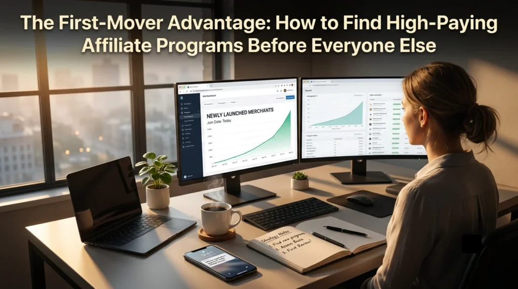 Infographic titled "Where New Programs Quietly Launch Before Anyone Notices," detailing five sources: affiliate network feeds, SaaS networks like PartnerStack, product launch platforms, founder communities like Indie Hackers, and company blog pages.