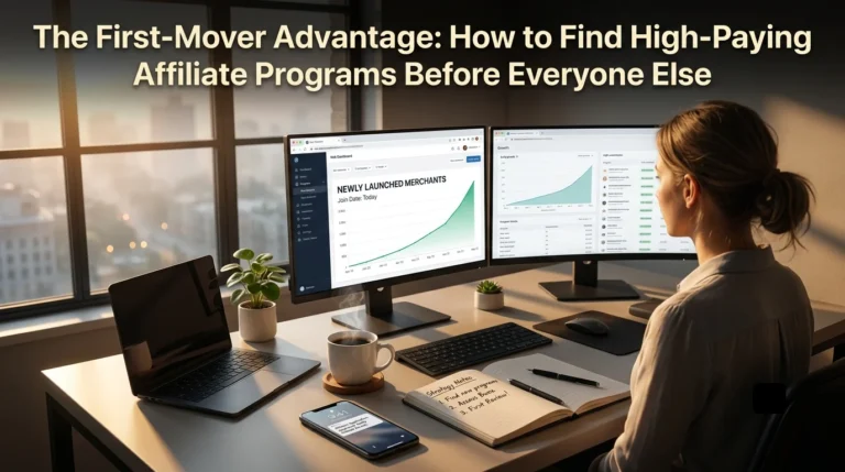 Infographic titled "Where New Programs Quietly Launch Before Anyone Notices," detailing five sources: affiliate network feeds, SaaS networks like PartnerStack, product launch platforms, founder communities like Indie Hackers, and company blog pages.