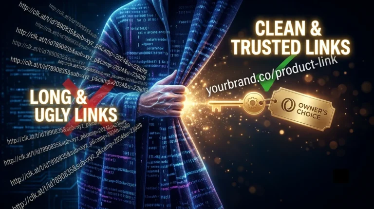 A futuristic cloak revealing a golden key and clean branded link, representing SEO affiliate link cloaking.