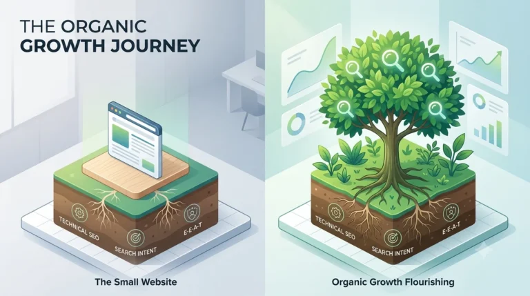 Split-screen isometric illustration of a small website block on the left transforming into a large, flourishing green tree with deep roots on the right, representing organic website growth.