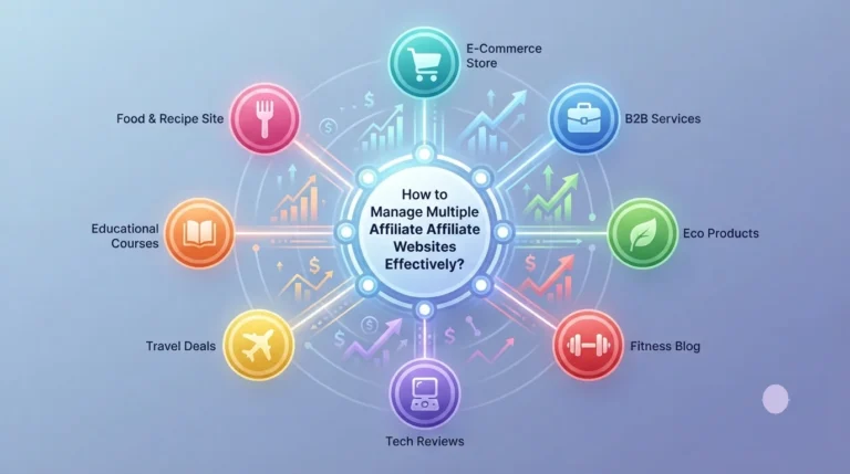 An infographic showing a central hub with text "How to Manage Multiple Affiliate Websites Effectively?" connected to eight diverse, color-coded niche website icons