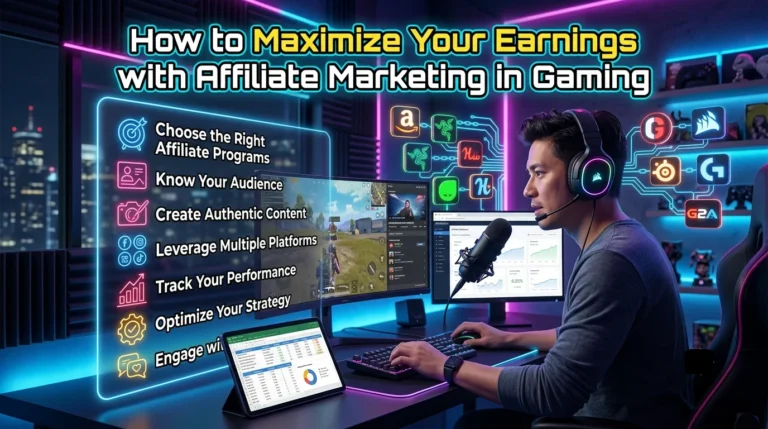 A streamer at a dual-monitor gaming desk looking at an analytics dashboard, next to a glowing neon menu listing affiliate marketing strategies, with the headline "How to Maximize Your Earnings with Affiliate Marketing in Gaming" overlaying the image