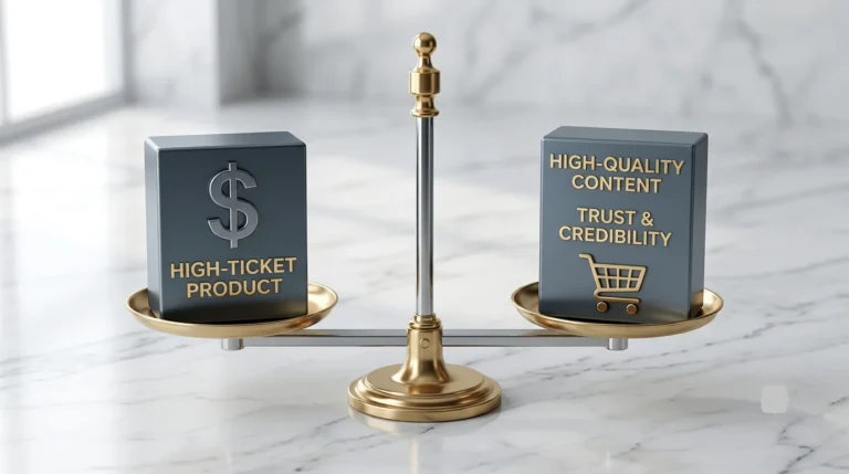 A minimalist, high-end 16:9 graphic featuring an elegant brass scale on white marble, perfectly balancing a block labeled "HIGH-TICKET PRODUCT" with a dollar sign against a block labeled "HIGH-QUALITY CONTENT" and "TRUST & CREDIBILITY" with a shopping cart icon.