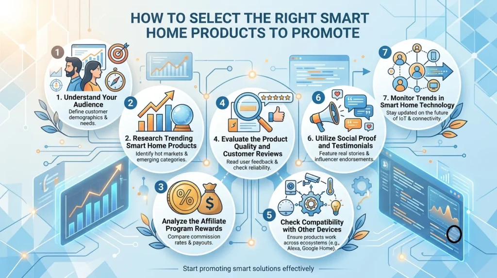 Infographic showing key features of smart home affiliate programs, including commissions, product variety, marketing, and support, overlaying a modern smart home scene.