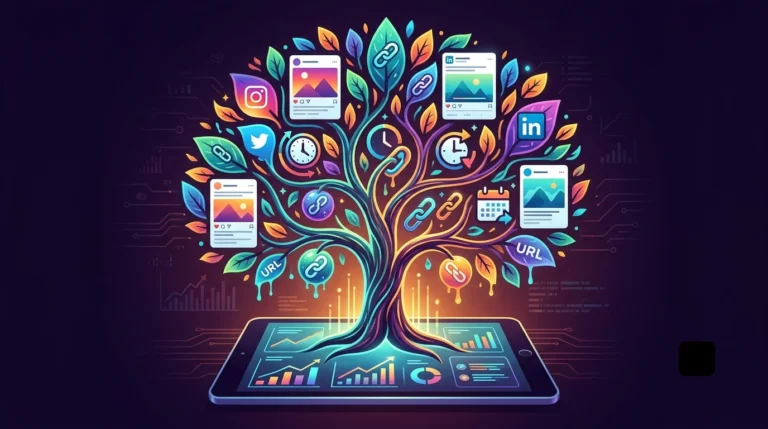 A vibrant, stylized tree growing out of a digital tablet on a dark background. The tree's colorful leaves display social media post previews, clock icons, and link symbols, representing an automated content strategy.
