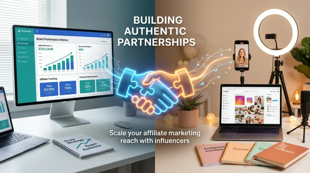 Split-screen graphic linking a corporate analytics dashboard and a content creator desk setup via a glowing 3D handshake.