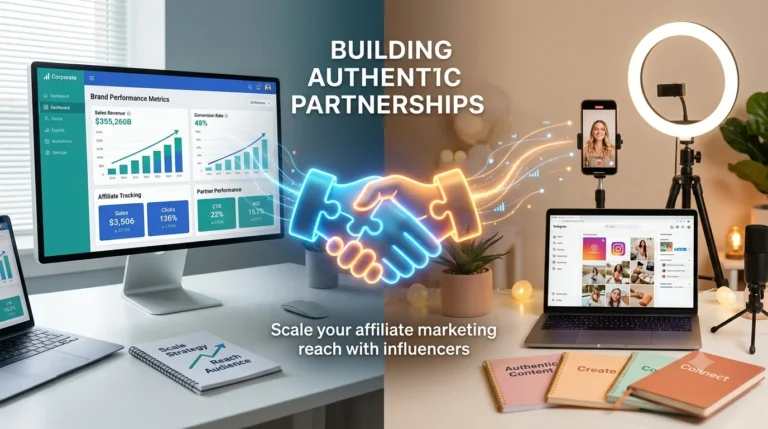 Split-screen graphic linking a corporate analytics dashboard and a content creator desk setup via a glowing 3D handshake.