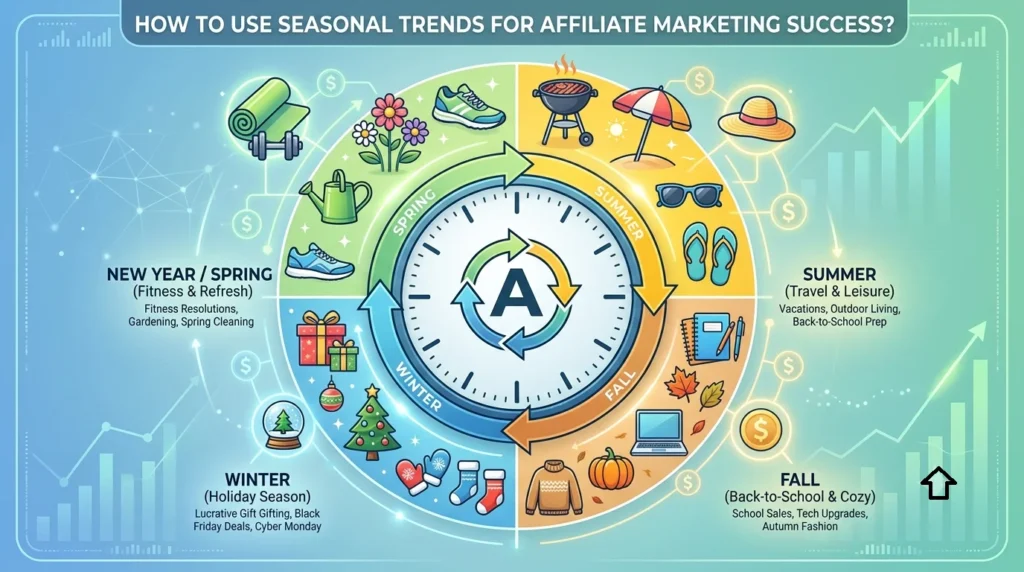 An infographic titled "HOW TO USE SEASONAL TRENDS FOR AFFILIATE MARKETING SUCCESS?" featuring a central circular clock divided into four seasonal quadrants