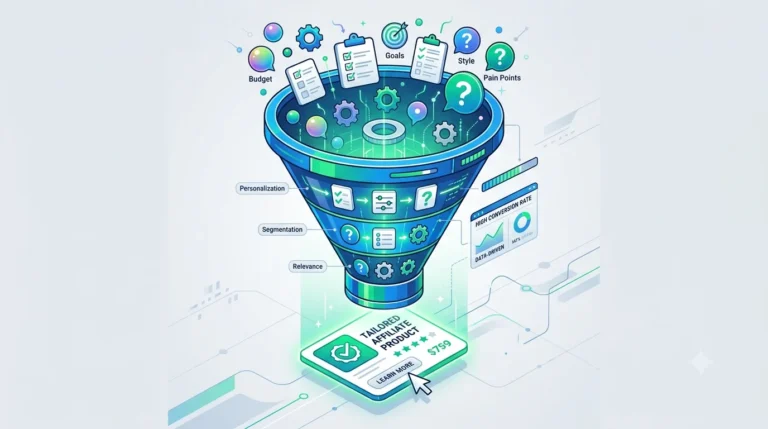 An isometric illustration of a colorful blue and green data funnel filtering user needs into a tailored affiliate product recommendation.