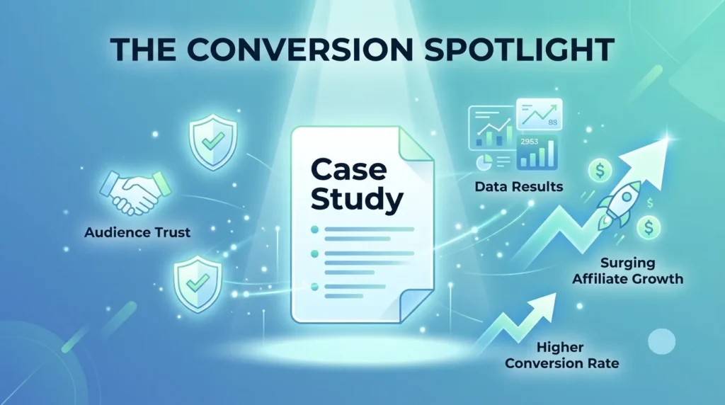 A minimalist, modern 16:9 infographic titled "The Conversion Spotlight" featuring a clean "Case Study" document icon illuminated by a central spotlight, surrounded by glowing icons for audience trust, data results, and upward arrows representing surging affiliate growth.