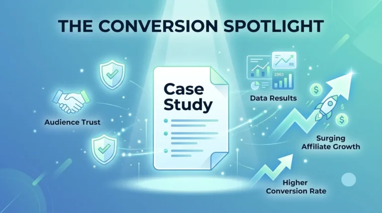 A minimalist, modern 16:9 infographic titled "The Conversion Spotlight" featuring a clean "Case Study" document icon illuminated by a central spotlight, surrounded by glowing icons for audience trust, data results, and upward arrows representing surging affiliate growth.