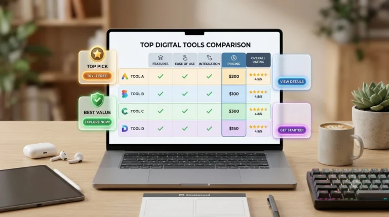 Digital creator's laptop desk displaying a product comparison matrix table with checkmarks, performance badges, and glowing call-to-action buttons.