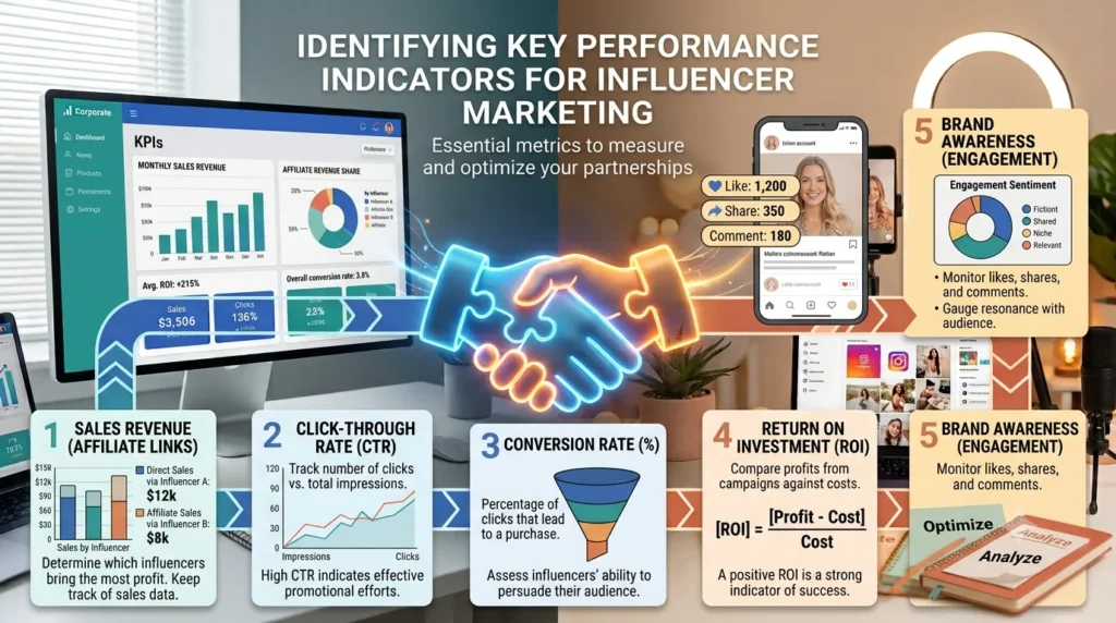 An infographic titled 'IDENTIFYING KEY PERFORMANCE INDICATORS FOR INFLUENCER MARKETING' outlining five essential metrics