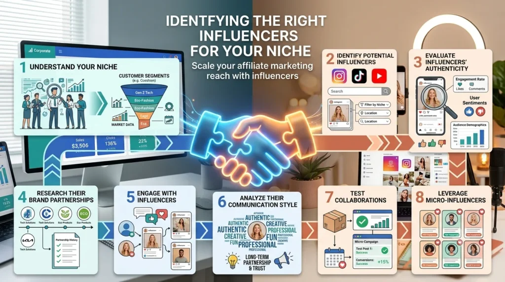 A strategic infographic titled 'IDENTIFYING THE RIGHT INFLUENCERS FOR YOUR NICHE' showing eight steps