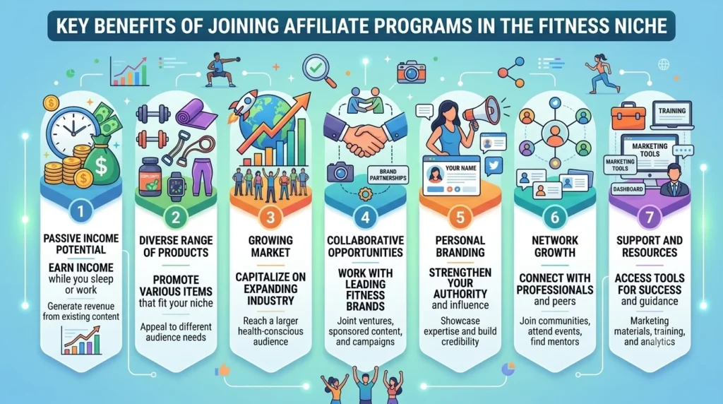 An infographic titled "Key Benefits of Joining Affiliate Programs in the Fitness Niche," displaying seven numbered vertical banner sections with vector-style icons and descriptive text for each fitness marketing benefit, set against a soft blue gradient background in a 16:9 layout.