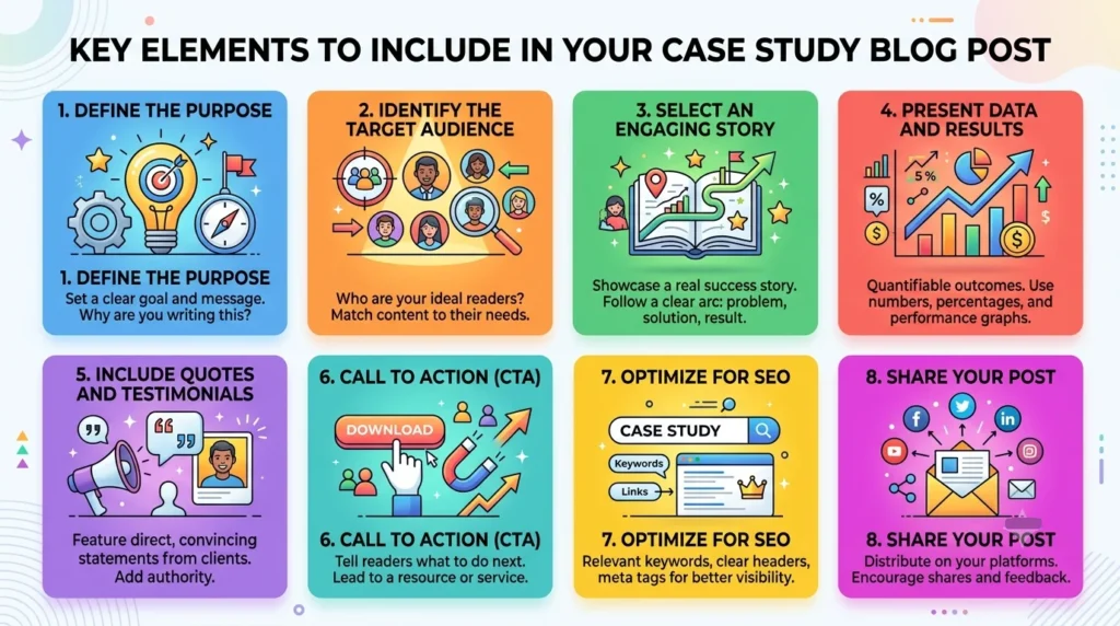 An infographic illustrating eight key elements for a case study blog post. The graphic has a light background and a main title, "KEY ELEMENTS TO INCLUDE IN YOUR CASE STUDY BLOG POST." It presents eight numbered, colored sections with illustrative icons, labels, and brief descriptions