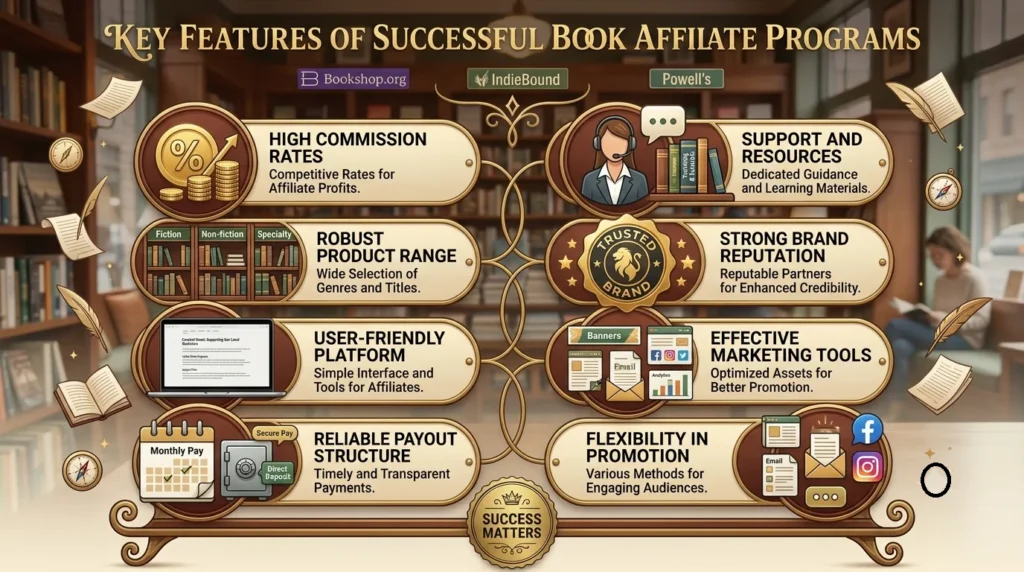 A 16:9 infographic titled "KEY FEATURES OF SUCCESSFUL BOOK AFFILIATE PROGRAMS" set in a warm, cozy bookstore, detailing eight core components including High Commission Rates, Robust Product Range, User-Friendly Platform, Reliable Payout Structure, Support & Resources, Strong Brand Reputation, Effective Marketing Tools, and Flexibility in Promotion.