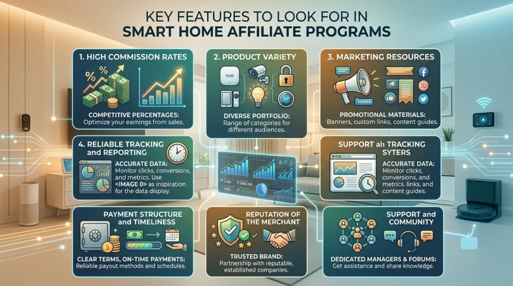 Infographic showing key features of smart home affiliate programs, including commissions, product variety, marketing, and support, overlaying a modern smart home scene.