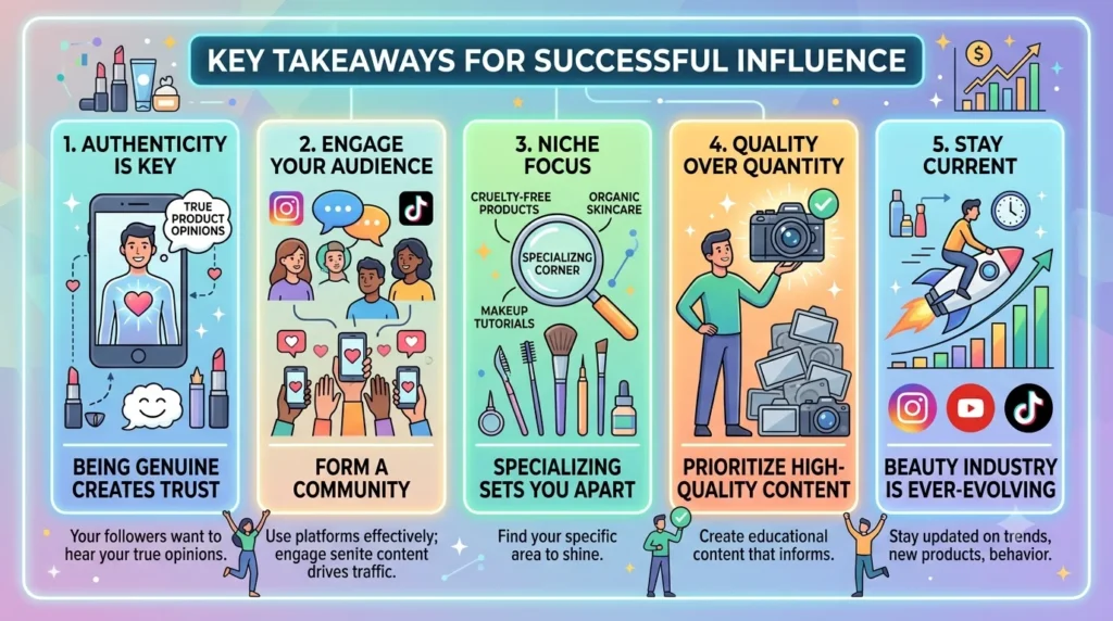 An infographic titled "Key Takeaways for Successful Influence," featuring five vertical, neon-bordered columns detailing core growth strategies (Authenticity, Engagement, Niche Focus, Quality, and Staying Current) with colorful cartoon illustrations and social media icons in a 16:9 layout.