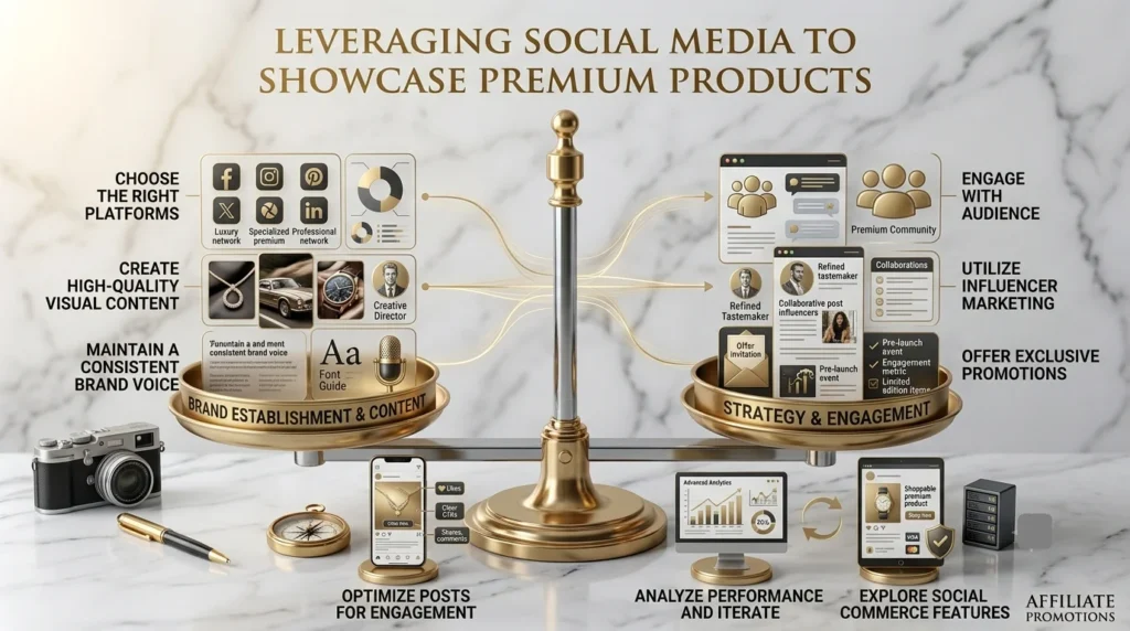 A luxury 16:9 infographic titled "LEVERAGING SOCIAL MEDIA TO SHOWCASE PREMIUM PRODUCTS" on white marble, featuring a balanced brass scale that displays nine strategic steps across Brand Establishment & Content, Strategy & Engagement, and Execution.