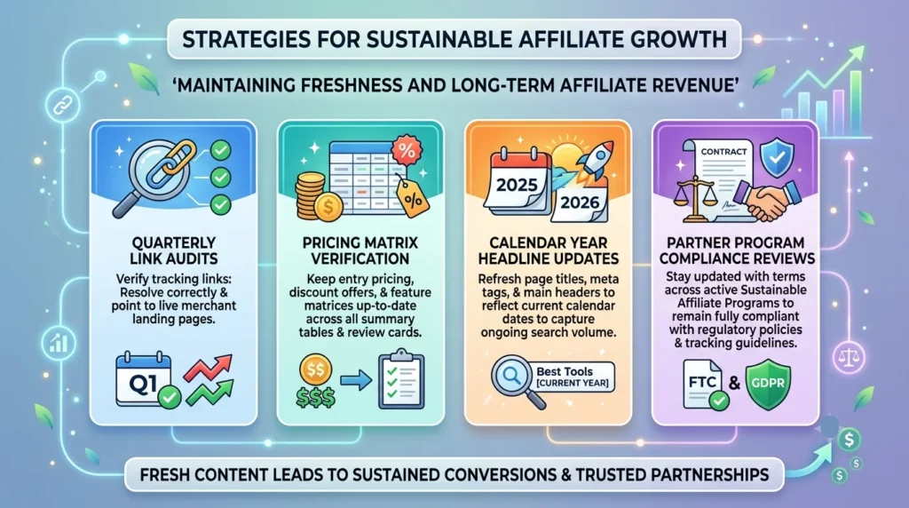 Infographic displaying four strategies for sustainable affiliate growth: link audits, pricing verification, headline updates, and compliance reviews.