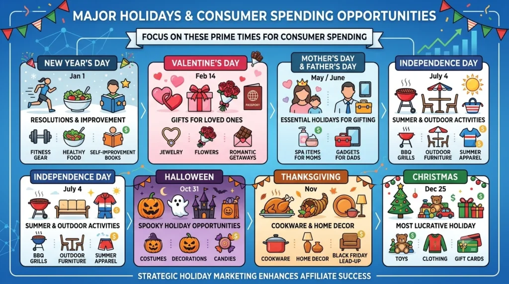 An infographic titled "MAJOR HOLIDAYS & CONSUMER SPENDING OPPORTUNITIES" with a subtitle "FOCUS ON THESE PRIME TIMES FOR CONSUMER SPENDING". It features a blue background with a timeline of seven distinct holiday panels, each showing relevant icons and product niches: