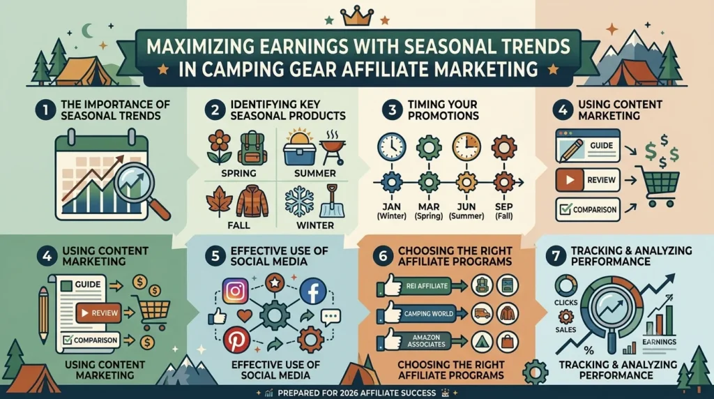 A 16:9 infographic titled "Maximizing Earnings with Seasonal Trends in Camping Gear Affiliate Marketing." It features a clean, multi-colored grid layout with icons and text detailing seven strategies: seasonal trends, seasonal products by quarter, promotion timelines, content marketing, social media usage, program selection, and performance tracking.