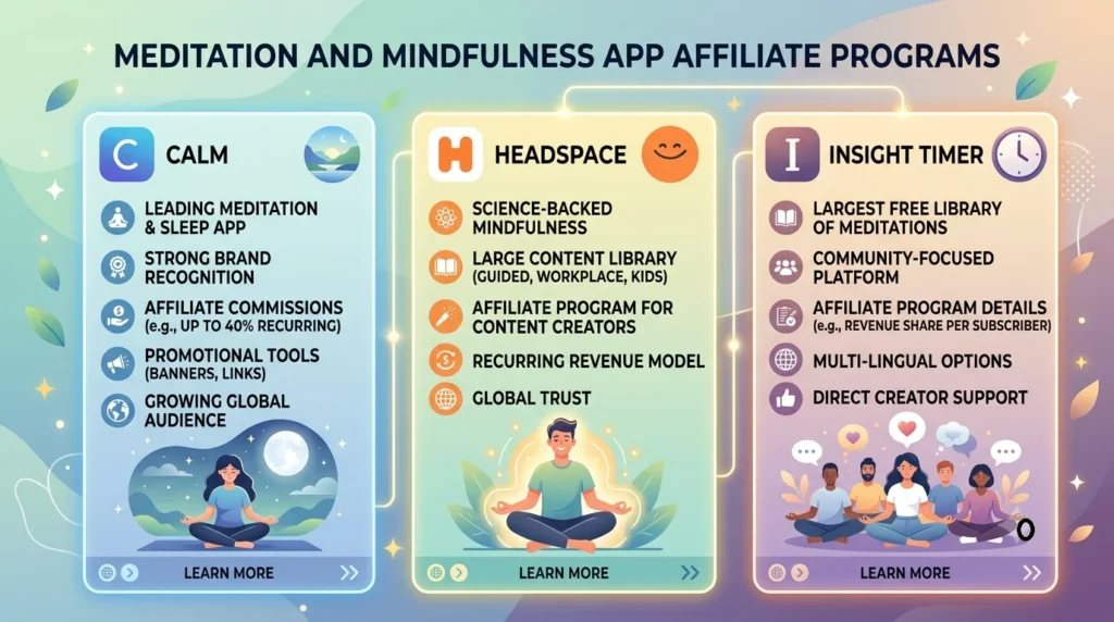 Infographic comparison of meditation and mindfulness app affiliate programs for Calm, Headspace, and Insight Timer.