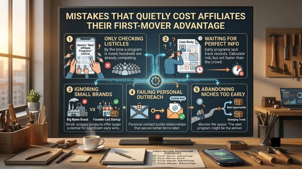 Affiliate marketing infographic on a computer screen illustrating five mistakes that destroy first-mover advantage, including relying on listicles, waiting for perfect data, ignoring small brands, skipping personal outreach, and abandoning niches.