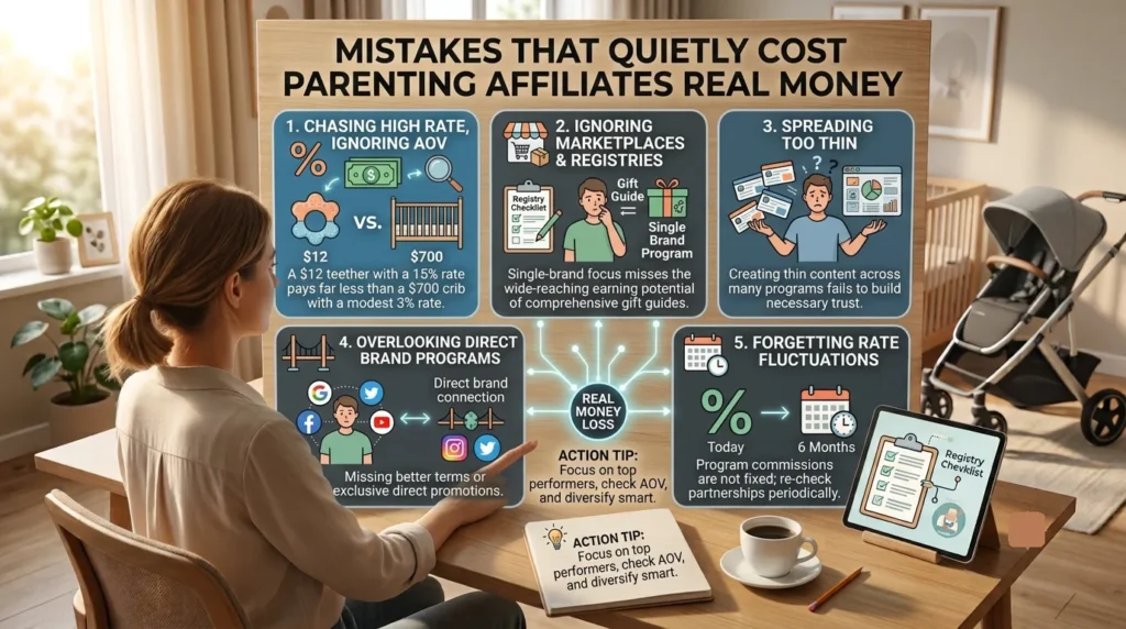 A woman in a home office is looking at a large infographic titled 'Mistakes That Quietly Cost Parenting Affiliates Real Money'. The display details five common errors