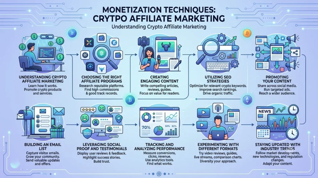 An infographic titled "Monetization Techniques: Crypto Affiliate Marketing" detailing ten key steps, starting from "Understanding Crypto Affiliate Marketing" and progressing through choosing programs, content creation, SEO, promotion, email lists, social proof, analytics, experimenting with formats, and ending with "Staying Updated with Industry Trends," using a series of connecting icons and concise descriptions against a blue tech-inspired background with circuit lines and small floating coins.