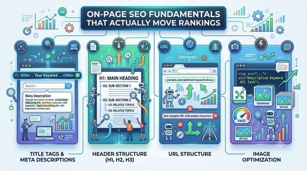 Infographic titled "On-Page SEO Fundamentals That Actually Move Rankings" featuring four sections with illustrations and tips: Title Tags & Meta Descriptions, Header Structure (H1, H2, H3), URL Structure, and Image Optimization, all against a bright digital background.