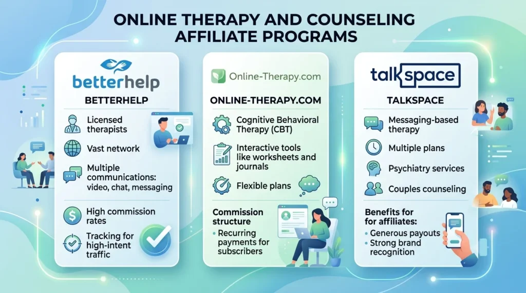 Infographic comparison of BetterHelp, Online-Therapy.com, and Talkspace affiliate program benefits in a 16:9 vertical panel layout.