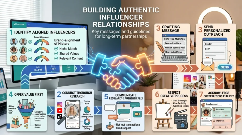 An infographic titled 'IDENTIFYING KEY PERFORMANCE INDICATORS FOR INFLUENCER MARKETING' outlining five essential metrics