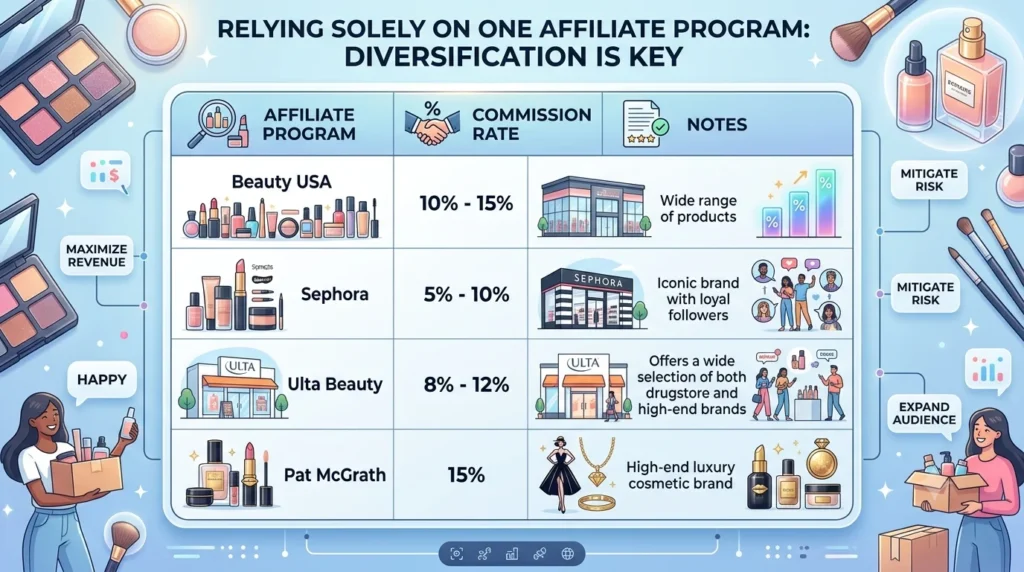An infographic titled "Relying Solely on One Affiliate Program: Diversification is Key," presenting a comparison table of four beauty affiliate programs (Beauty USA, Sephora, Ulta Beauty, Pat McGrath) with their commission rates and features, accompanied by illustrative cosmetics and icons in a clean, professional design.
