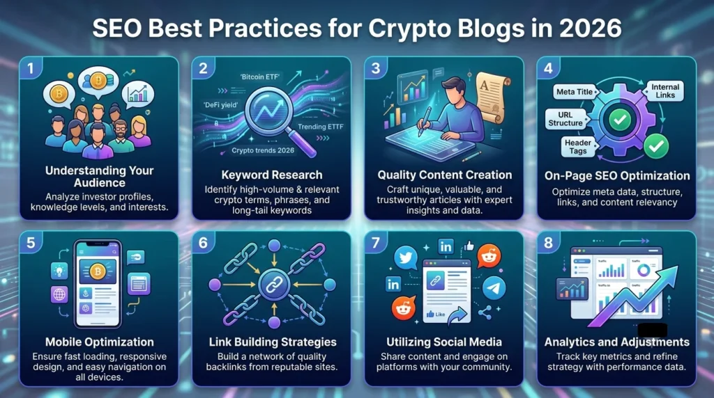 An infographic titled 'SEO Best Practices for Crypto Blogs in 2026', presented as eight numbered panels in a 2x4 grid. The steps include: 1. Understanding Your Audience, 2. Keyword Research, 3. Quality Content Creation, 4. On-Page SEO Optimization, 5. Mobile Optimization, 6. Link Building Strategies, 7. Utilizing Social Media, and 8. Analytics and Adjustments. Each step features a modern illustration and brief descriptive text against a blue futuristic background with glowing data lines.