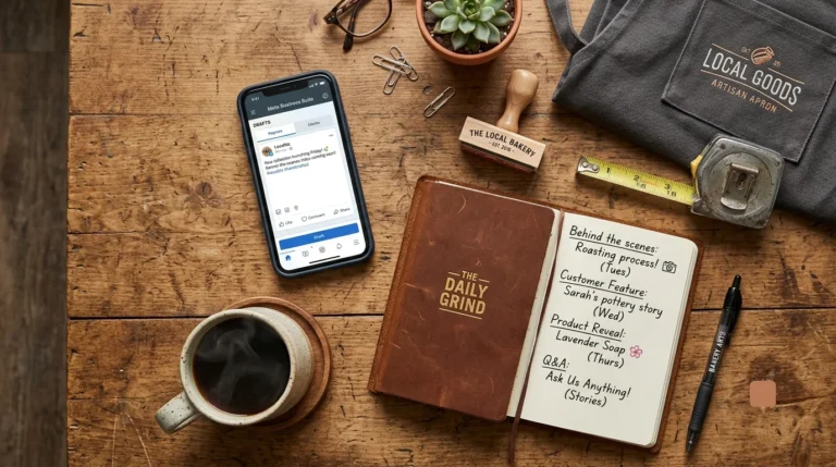 Top-down view of a rustic wooden desk with business tools and a social media content planning notebook.