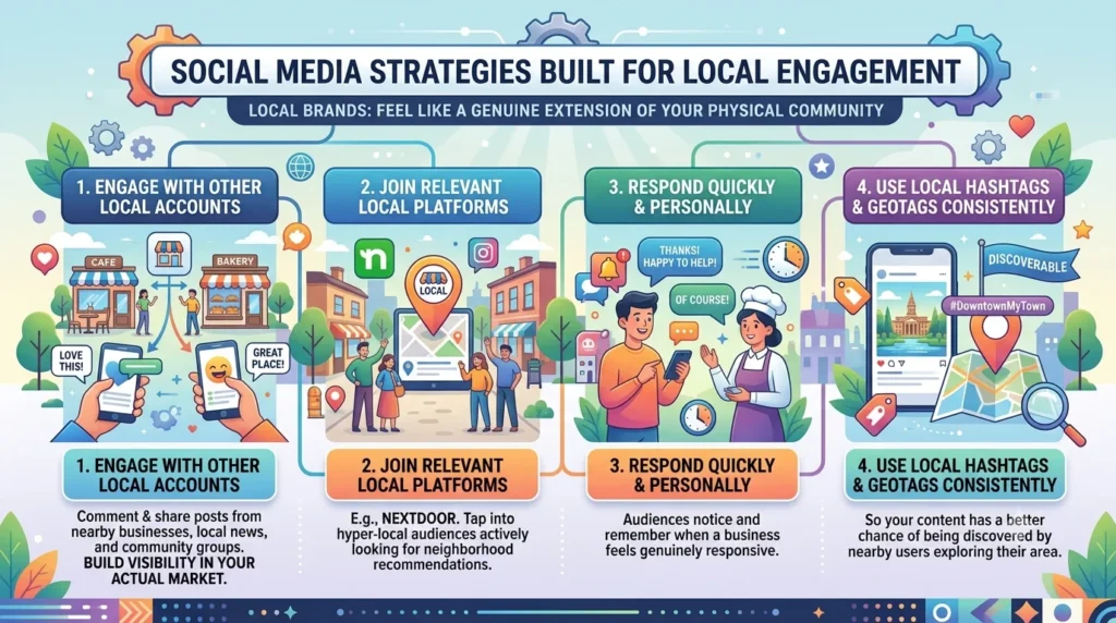 An infographic illustrating four social media strategies for local business engagement.