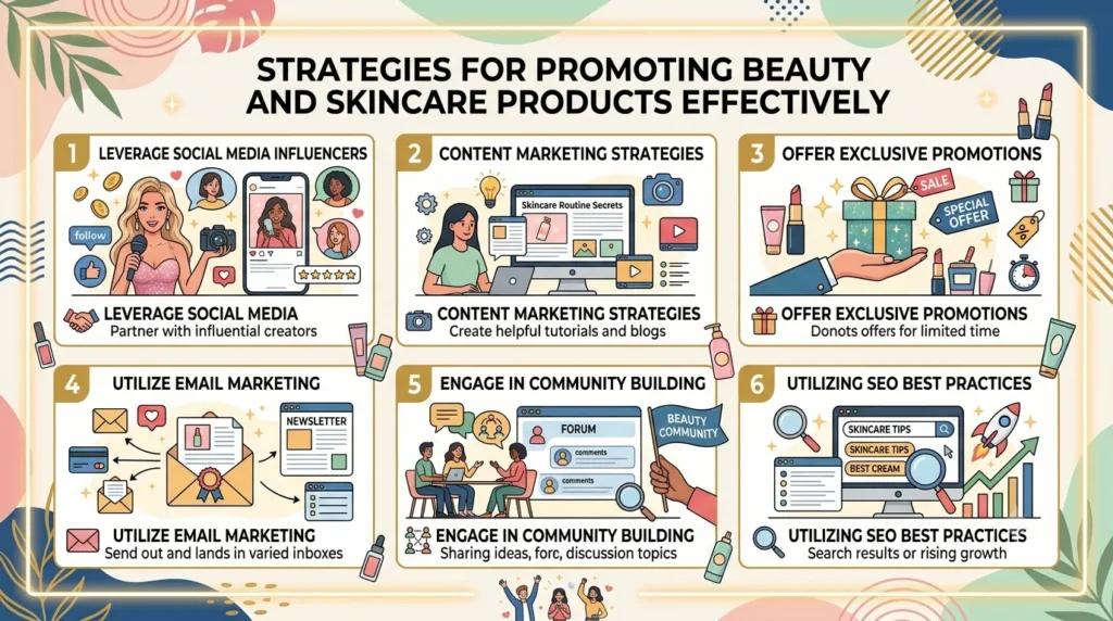 An infographic titled "Strategies for Promoting Beauty and Skincare Products Effectively," showcasing six numbered marketing strategy panels with illustrative icons and text descriptions on a vibrant, colorful background