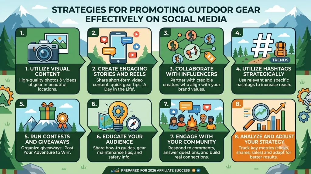 A 16:9 infographic titled "Strategies for Promoting Outdoor Gear Effectively on Social Media," featuring a mountain landscape background. The graphic is organized into an eight-step numbered grid with clean icons and descriptions covering visual content, stories and reels, influencer collaboration, hashtags, contests, audience education, community engagement, and data analysis.