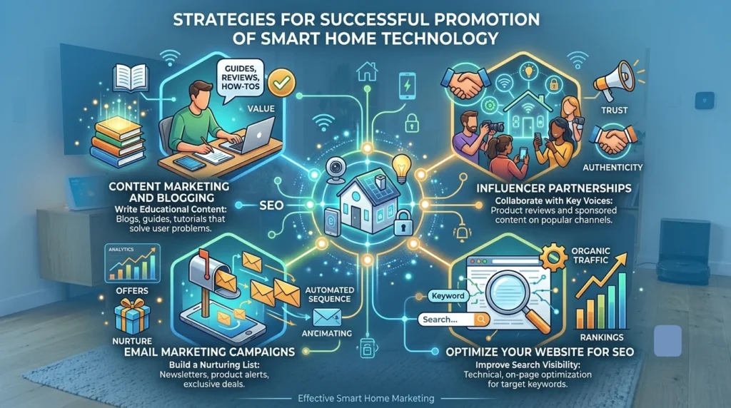Infographic displaying four strategies for promoting smart home technology: content marketing, influencer partnerships, email marketing, and SEO optimization.