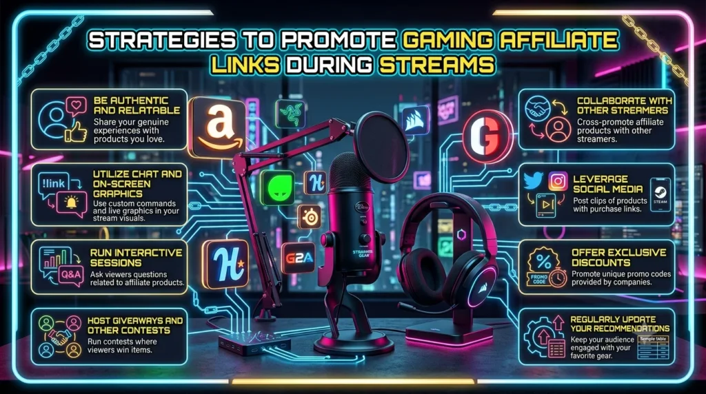 A streaming setup featuring a microphone and headset, flanked by glowing neon panels that outline marketing tactics, with the title "Strategies to Promote Gaming Affiliate Links During Streams" displayed at the top of image