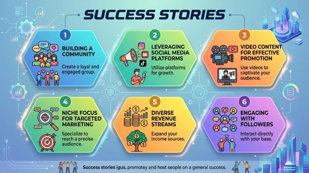 An infographic titled "SUCCESS STORIES" features six numbered hexagonal panels in a 16:9 layout, illustrating business and marketing strategies such as building community, leveraging social media, video content, and revenue diversification, all set against a modern light blue gradient background.
