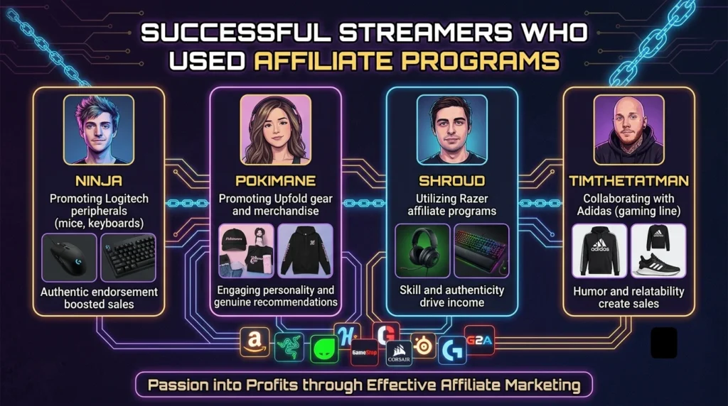 An infographic displaying four prominent creators—Ninja, Pokimane, Shroud, and TimTheTatman—in neon-bordered profile cards detailing their affiliate marketing success stories, under the title "Successful Streamers Who Used Affiliate Programs" on image