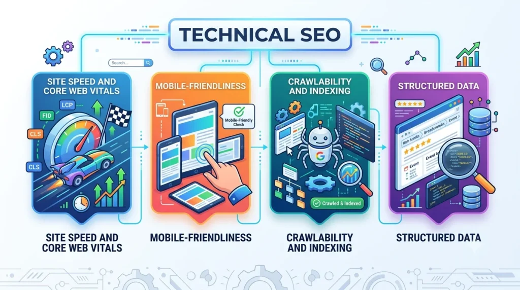 A modern infographic titled "Technical SEO," showcasing four pillars: Site Speed and Core Web Vitals, Mobile-Friendliness, Crawlability and Indexing, and Structured Data, with icons and illustrative elements for each.