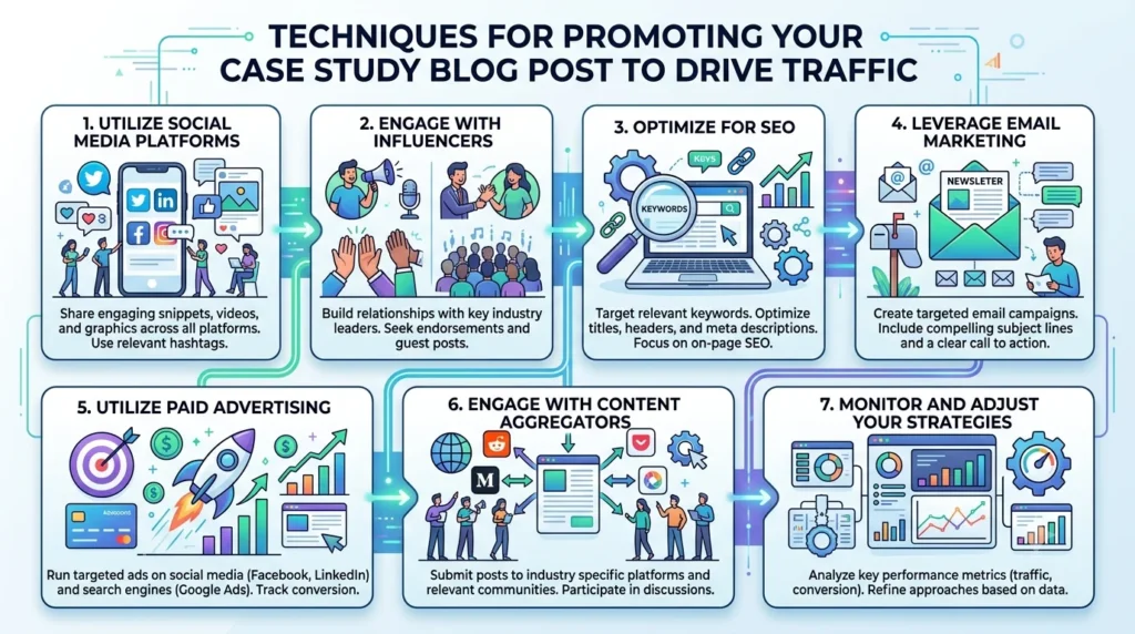An infographic titled "Techniques for Promoting Your Case Study Blog Post to Drive Traffic." It features seven numbered panels with icons, text descriptions, and flow arrows on a light blue gradient background with circuit lines.