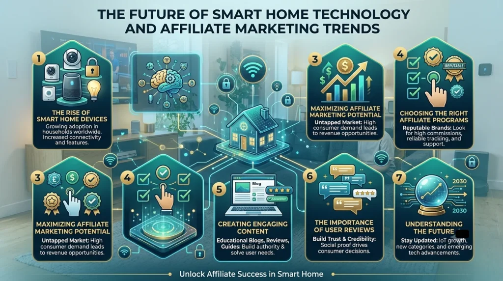 Infographic showing the intersection of smart home technology and affiliate marketing trends, featuring seven connected strategy nodes on a modern living room backdrop.