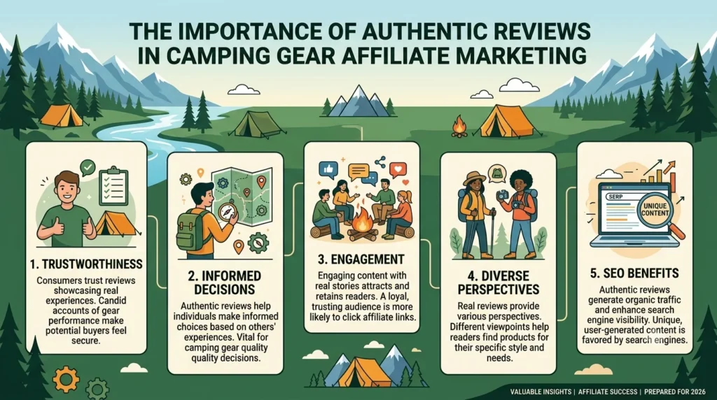 A 16:9 infographic titled "The Importance of Authentic Reviews in Camping Gear Affiliate Marketing," set against an outdoor landscape of mountains, tents, and a winding river. It features five vertical, numbered text cards with clean, flat icons outlining the key benefits: 1. Trustworthiness, 2. Informed Decisions, 3. Engagement, 4. Diverse Perspectives, and 5. SEO Benefits.