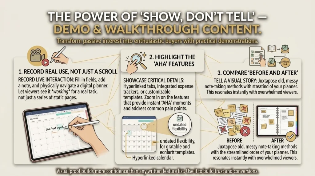 Infographic on using demo and walkthrough content to demonstrate digital planner features.